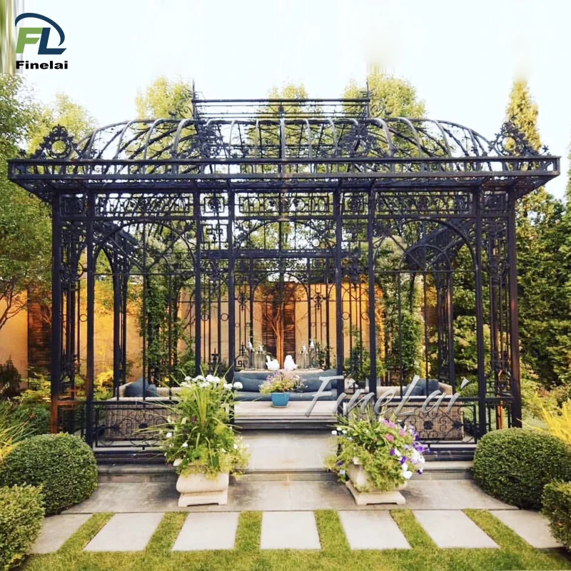 Finelai hot selling Large Outdoor Iron House garden conservatory iron pavilon wrought iron gazebo