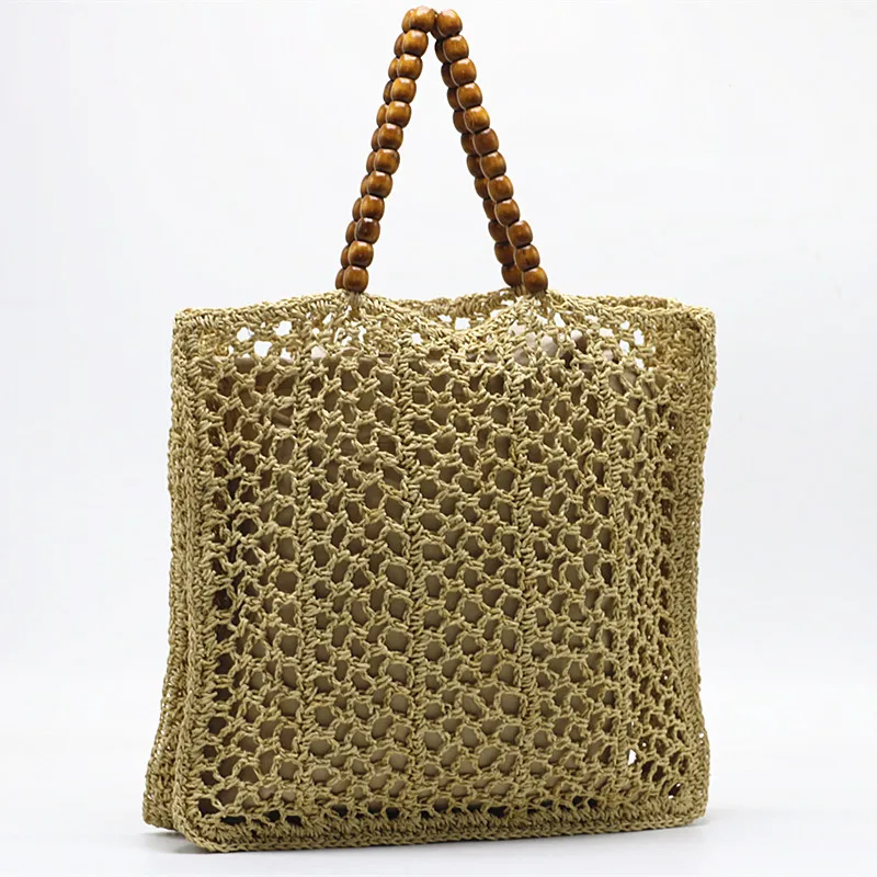 Women Straw Shoulder Bag Handmade Crochet Drawstring Beach Summer Paper Woven Bag Wooden Bead Handle