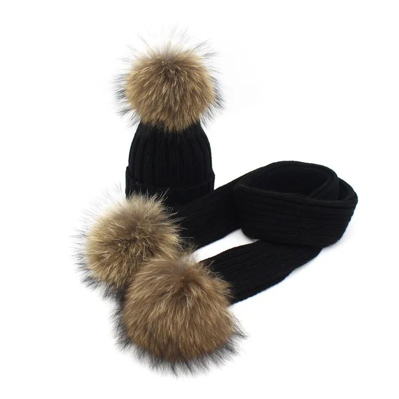 Autumn Winter Baby Scarf Solid Color Raccoon Fur Pompoms Ball Neck Warmers Kids Scarves Boys Girls Winter Knitted Scarf