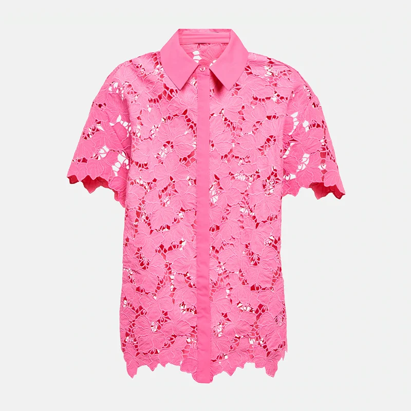 neon pink color brights femme woven floral lace blouses elegant women