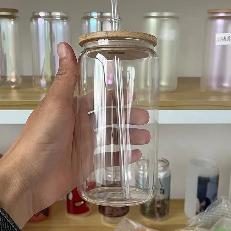 Hot Sale US Warehouse 12oz 16oz Frosted clear coffee soda shaped beer can glass cup jar with bamboo lid