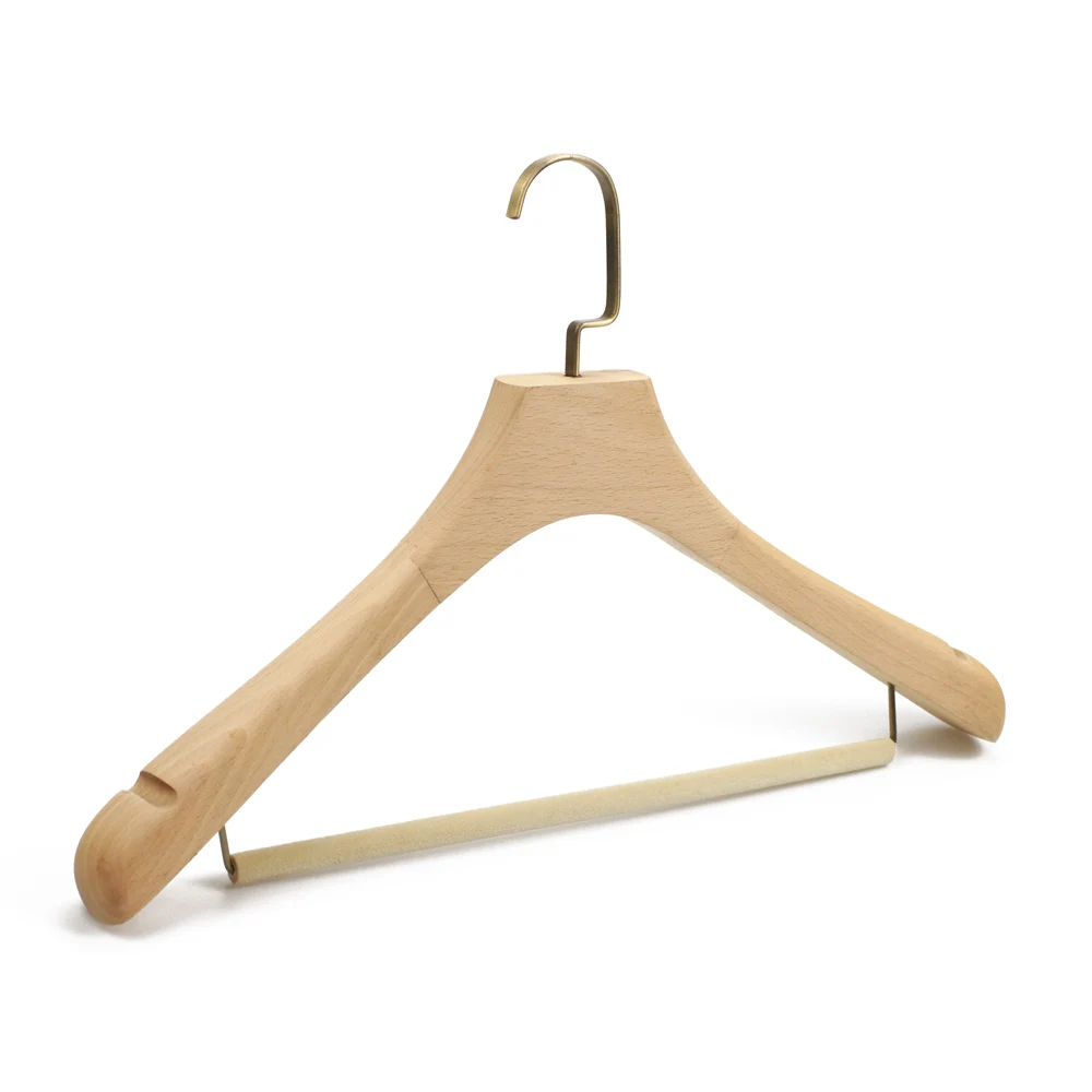 Factory Supply Top Grade Quality Luxury Wooden Coat Hangers With Velvet Bar And Copper Hook
