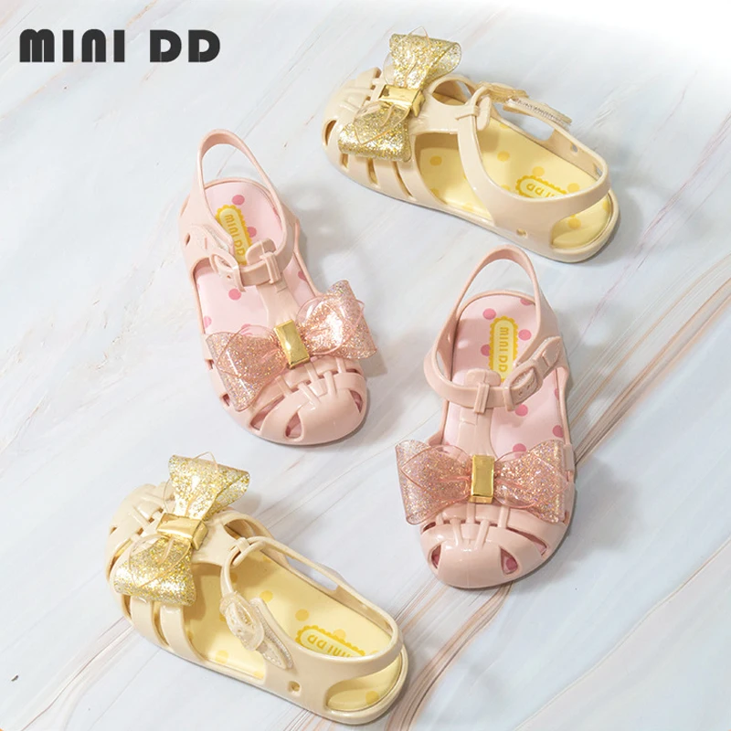 MINI DD Children Outdoor Jelly Flat Sandal Shoes Double Bow Girl Sandal Kids Casual shoes Footwear for Summer