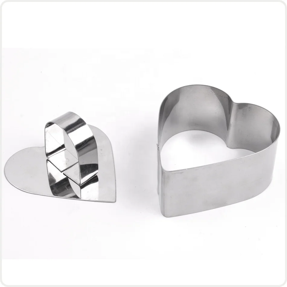 Wholesale stainless steel handle 2pcs baking cooking heart shape mousse cake pusher ring