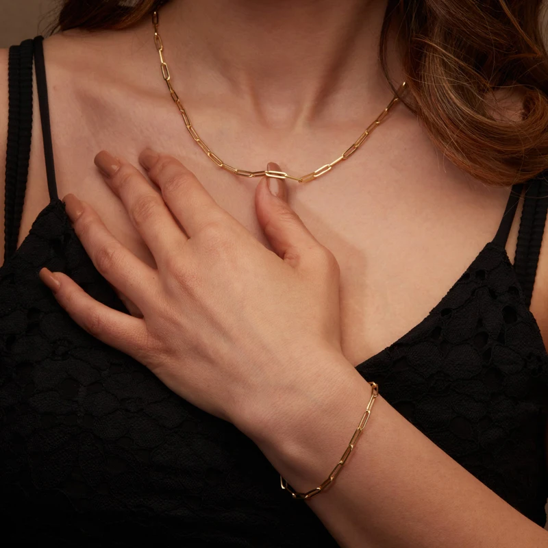 14k 18k Solid Gold 3.4MM Wide Paper Clip Link Chain Bracelets