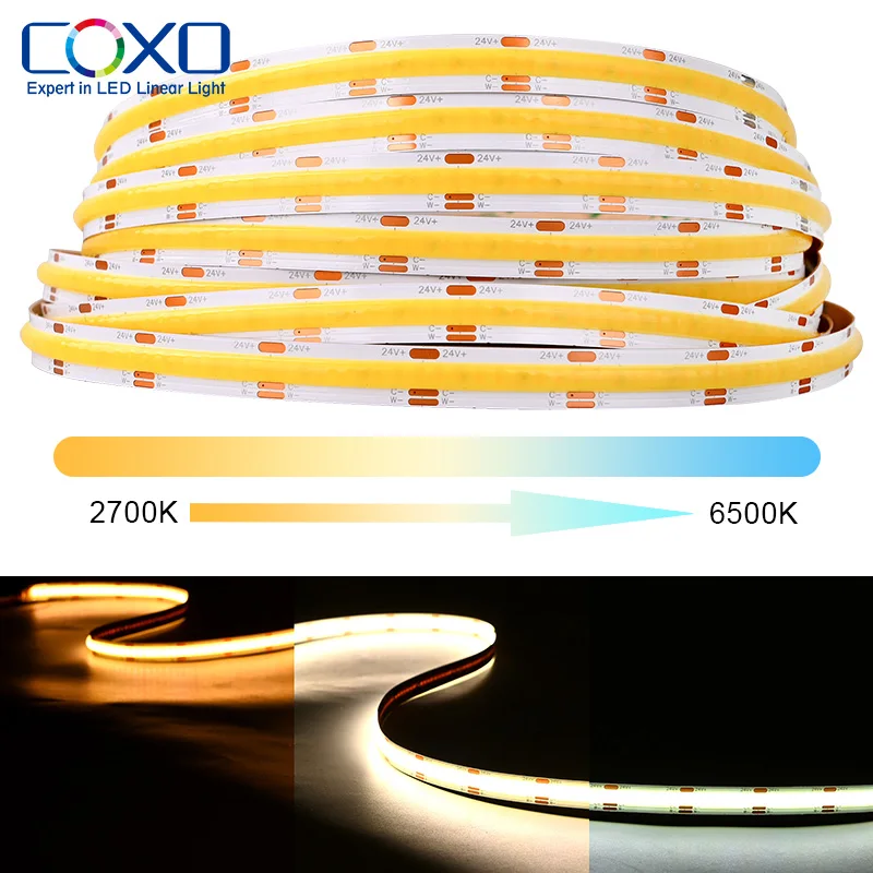 COXO 3 Years Warranty cct three colour cob led strip 608led 10mm wide 12v 24v Double Color cct cob led strip