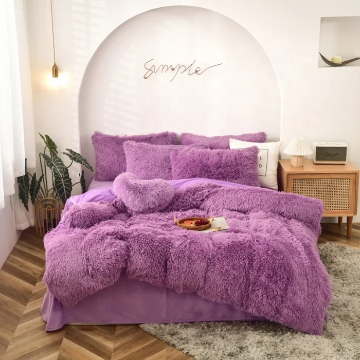 Winter Super Warm Luxury Bedding Sets Fluffy Faux Fur Shaggy Duvet Cover Flat Bed Sheet Fur Bedding Set