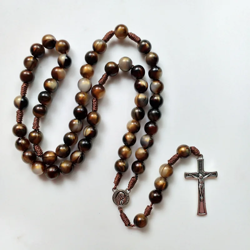 10mm Handmade Acrylic Beads Center Piece and Pardon Crucifix Beads Catholic Rosary  Cord Necklace for Men