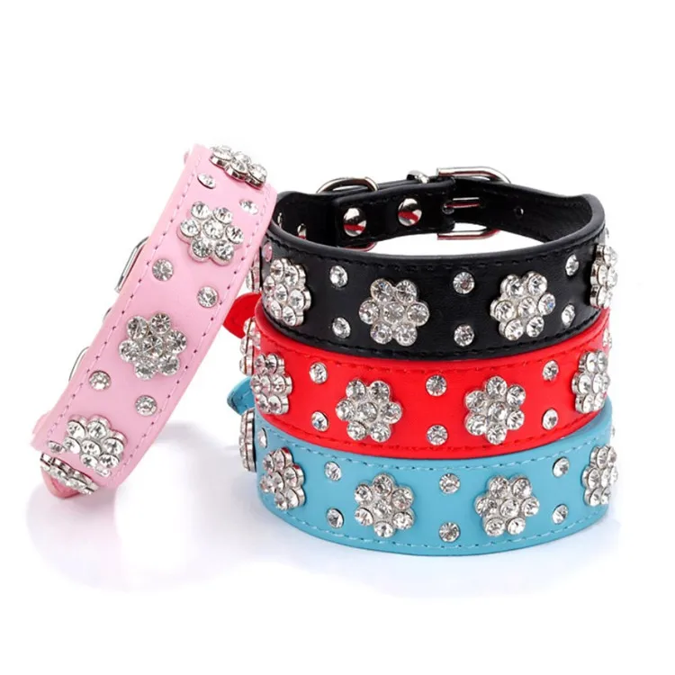 Rhinestone Flower Pattern Studded Cute PU Leather Dog Collar for Small and Medium Dogs