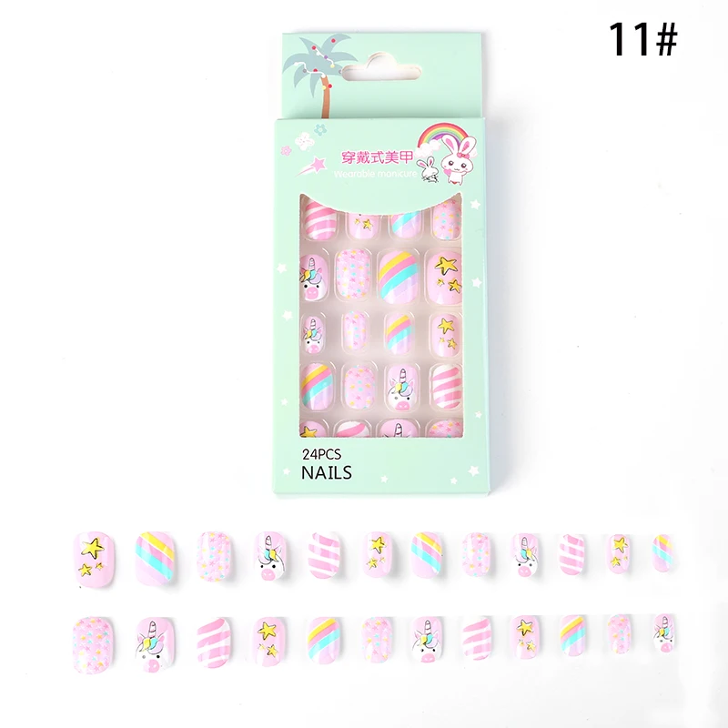 New Design Wholesale Kids Fake Nails Unique Colorful Rainbow Cute Kids Press On Nails With Glue False Nail Artificial