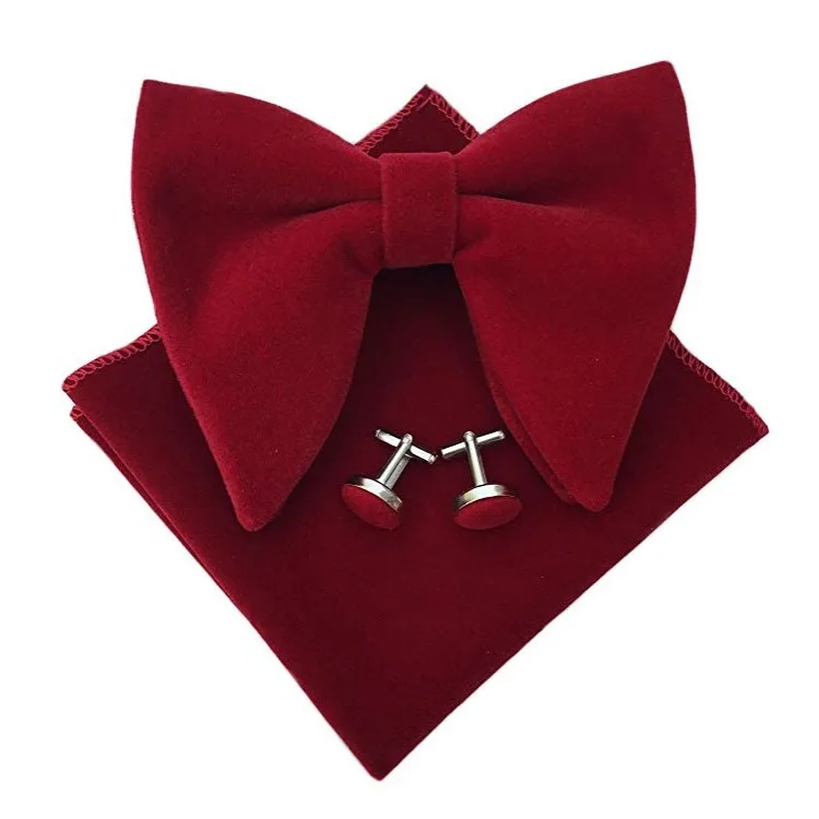 New Velvet Bowtie Pocket Square Cufflinks 3pcs Set Fit Business Gift Wedding Red Blue Bow Tie With Handkerchief Suit Set Cravats