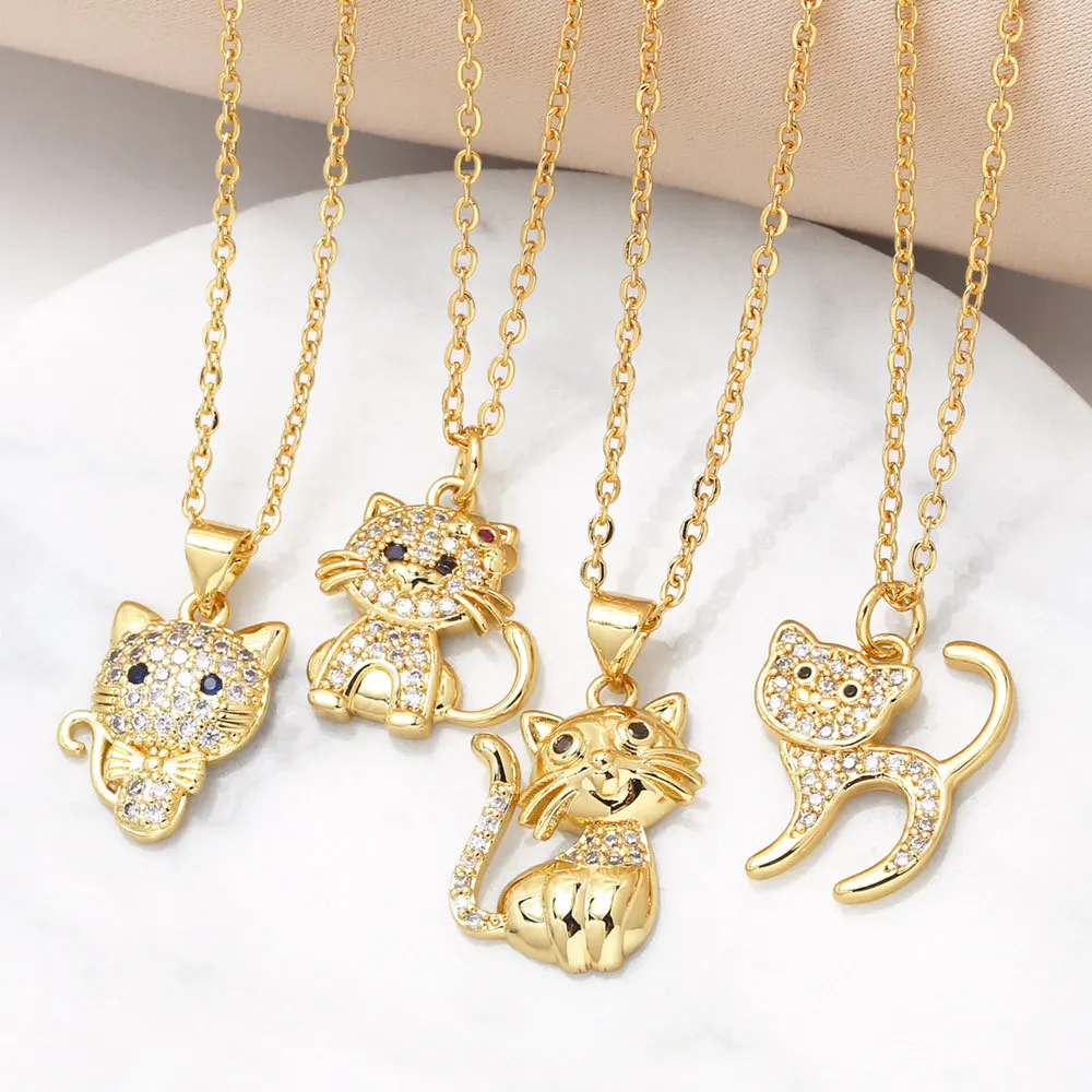 Hot Cute Kitten Pendant Necklace 18K Gold Plated Inlaid Zircon Collarbone Necklace