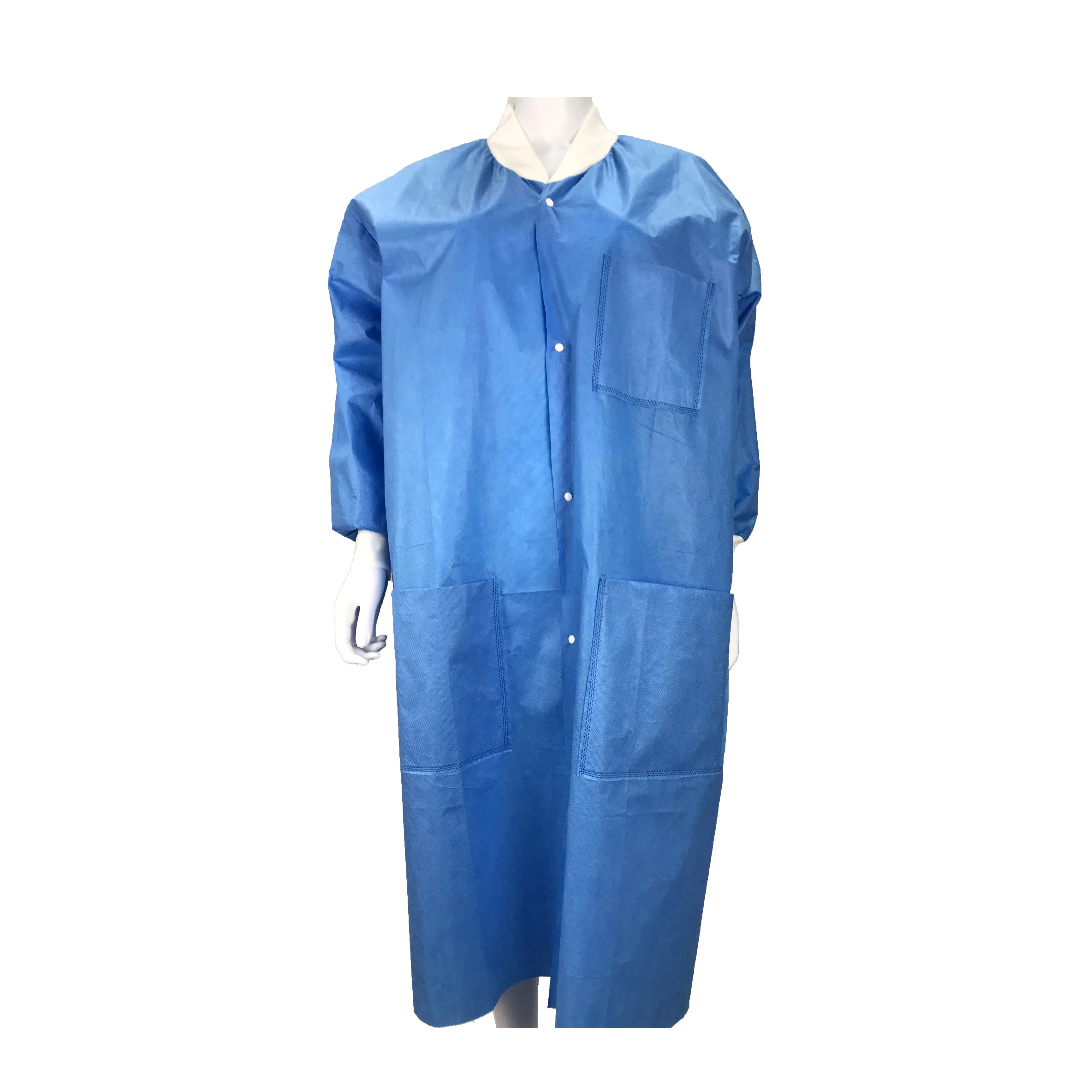 
rib cuff snap button 45GSM blue SMS disposable Medical lab coat non woven Lab Coat Isolation gown GB18401-2010 Class B 
