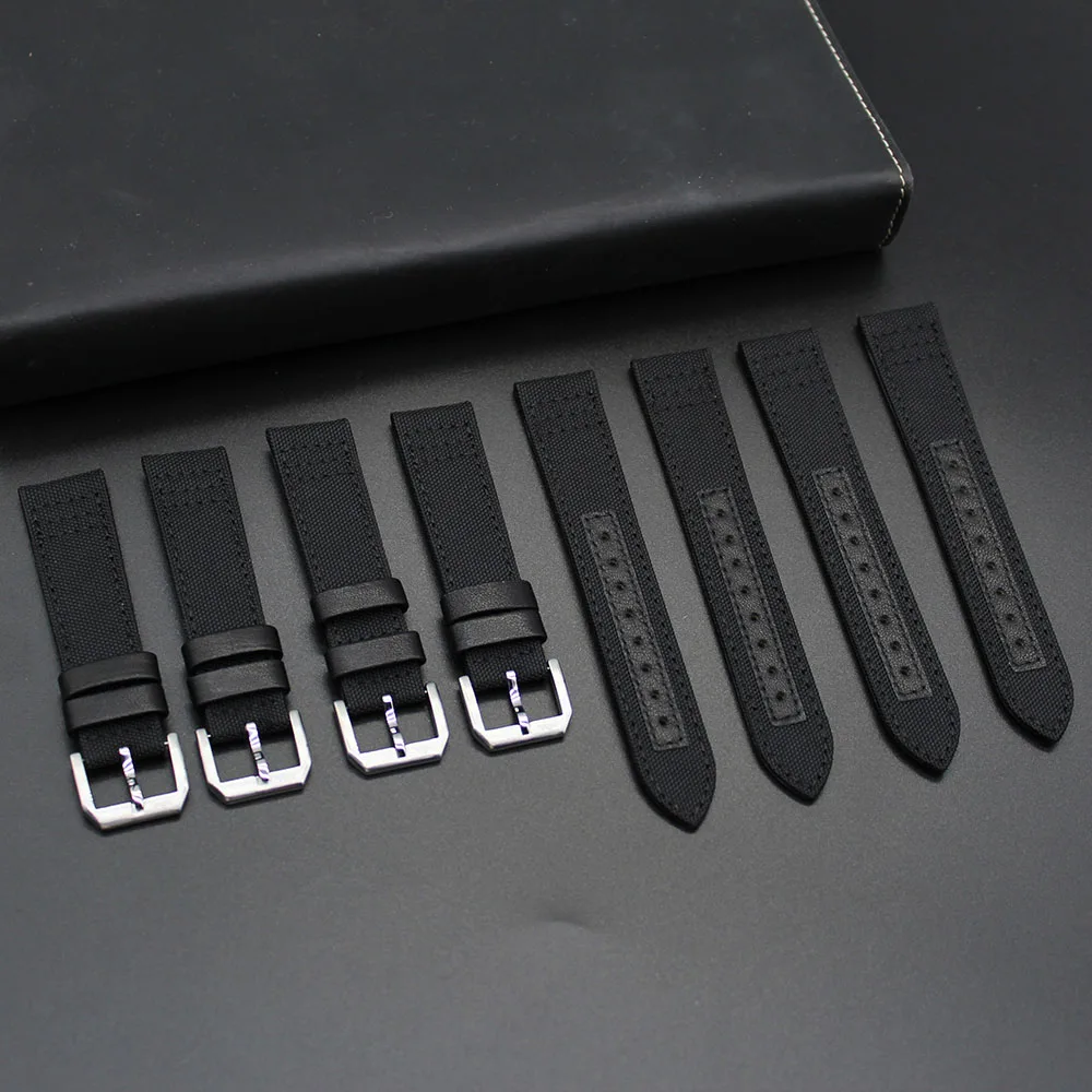 YUNSE Luxury Sailcloth Leather Watch Band 20mm Two Parts Quick Release Mate Black Cordura Canvas Strap