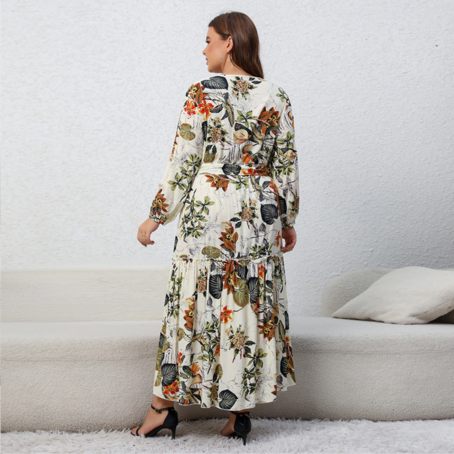 Plus Size Dress Printed V-neck Long Sleeve Floral Long Skirt Loose Swing Skirt Maxi Dresses Casual Empire Waist with Pockets