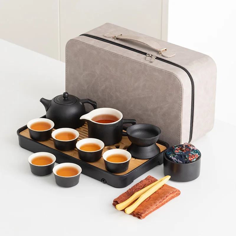 14 Piece Porcelain Tea Set With grey Leather Case Portable Kungfu Tea Set with Bamboo tea tray for Business,Home and Hotel