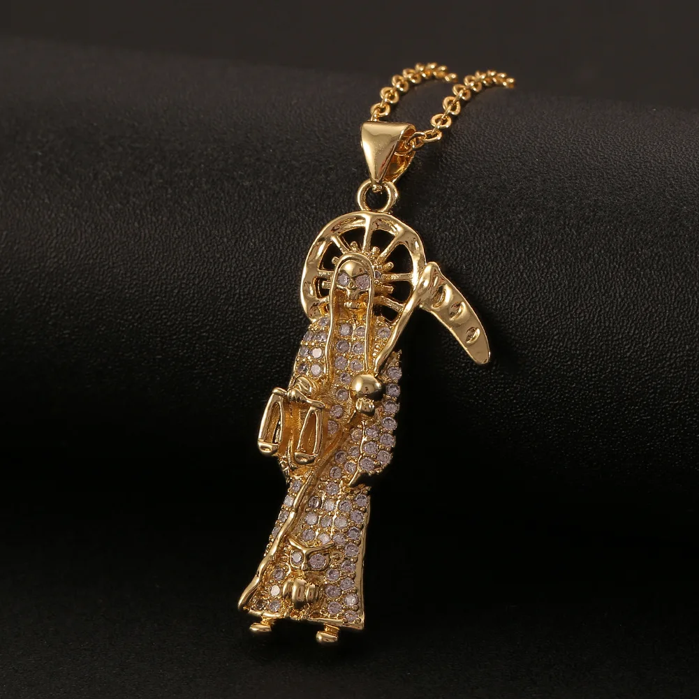 Top Quality Jewelry Non Tarnish Zirconia Micro Pave 18k Gold Plated 3D San Judas Tadeo Santa Muerte Pendant Necklace for Men