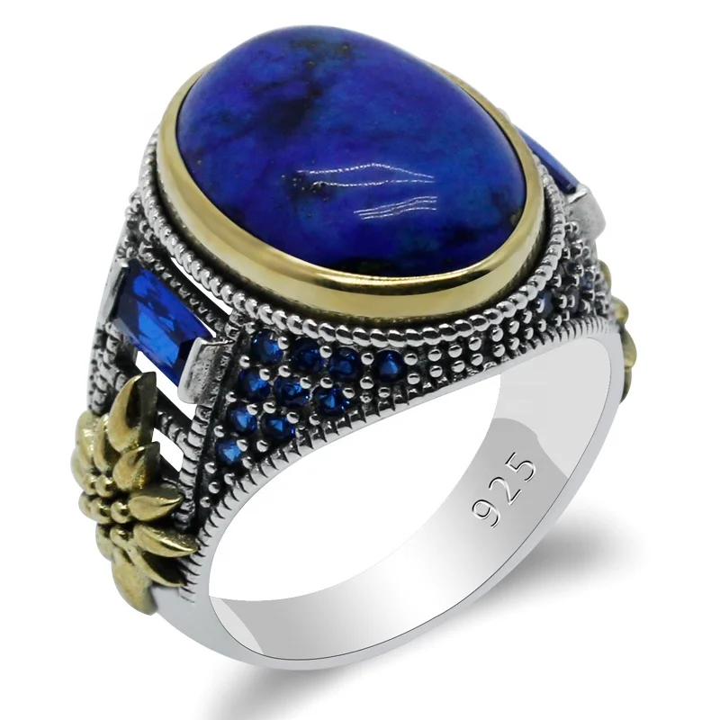 925  Sterling Silver Men Ring with Blue Lapis Lazuli Stone  Ring for Men Lazurite Stone Ring 925 Man Silver Turkish Jewelry