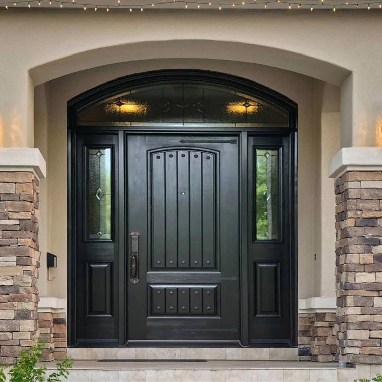 Modern home villa exterior luxury white double solid wood front entry door designs with transom glass window