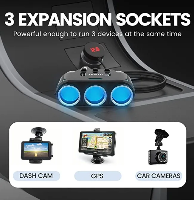 Cigarette Lighter Adapter 3 Socket Cigarette Lighter Splitter with LED Voltage Display Dual USB Car Charger Switches 12V