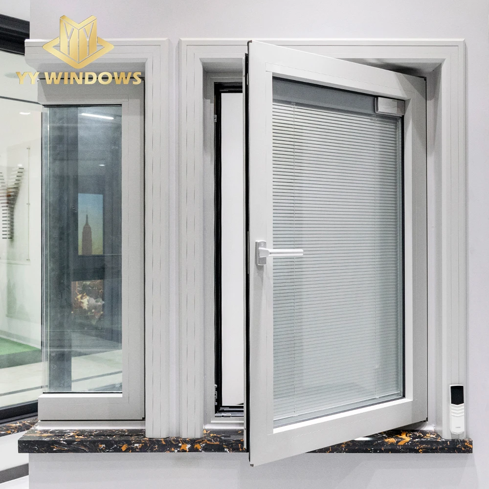 Hot sales windows in north America market aluminium tempered glass tilt and turn windows built in blinds for villa