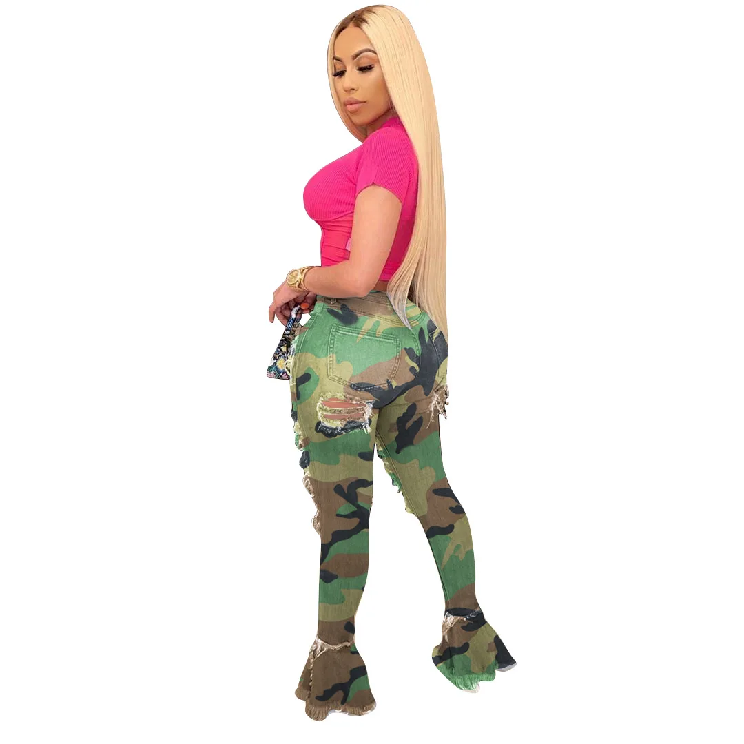 Fashion Sky Blue Retro Washed Flared Women Fashion Jeans Hole Denim