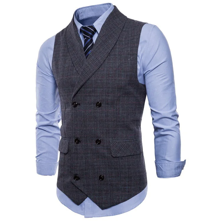 V Neck Double Breasted Vest Slim Fit Plaid Waistcoatcasual Vests for Men