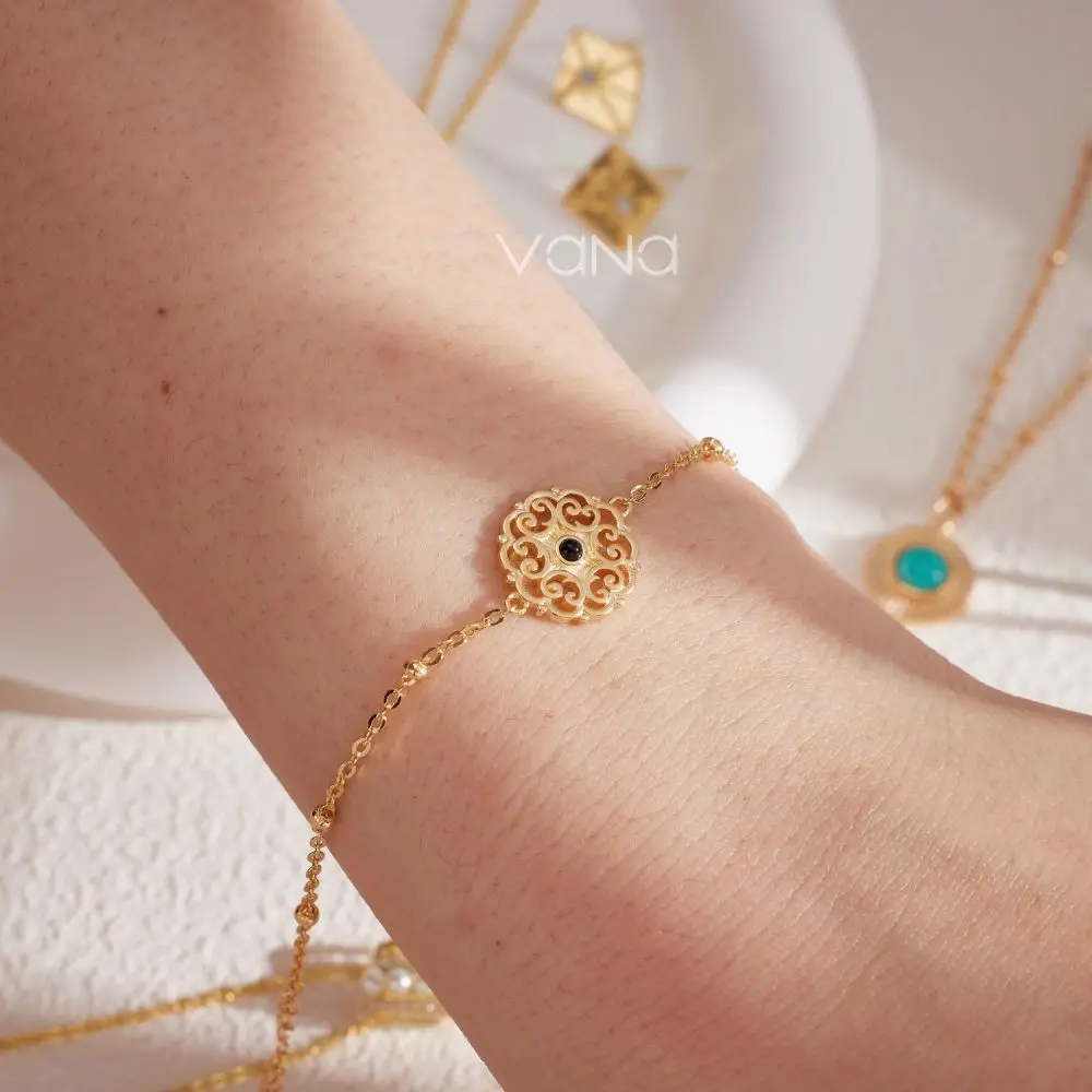 VANA Floral Vintage Style Lace Gold Plate 925 Sterling Silver Black Agate 14K Gold Plated Fine Jewellery Women Jewelry Bracelet