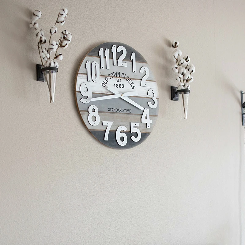 Farmhouse Decor Arabic Numerals Rustic Chic Style Wooden Round  diy wall  word clock