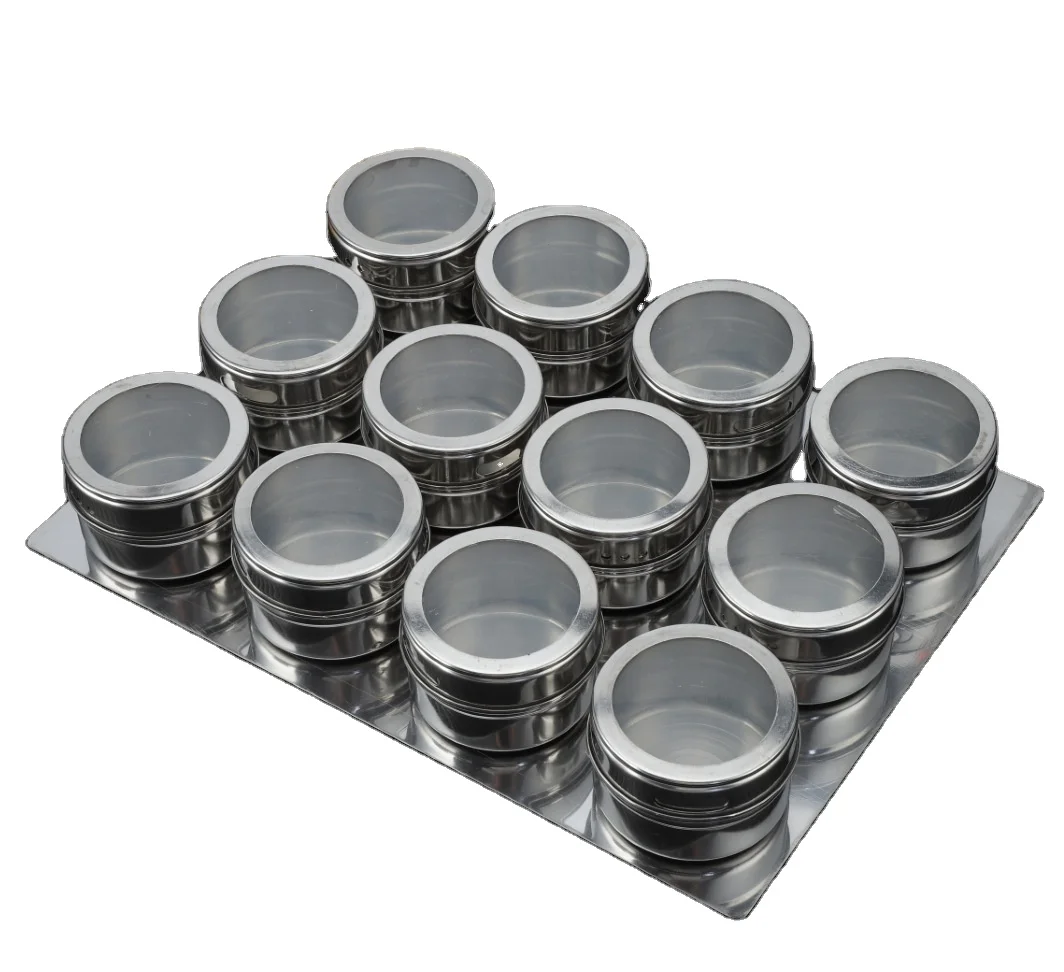 Stainless Steel Set Magnetic Refrigerator Sift And Pour Spice Jar Tins Container Jars Spice Containers With Window Magnet Labels