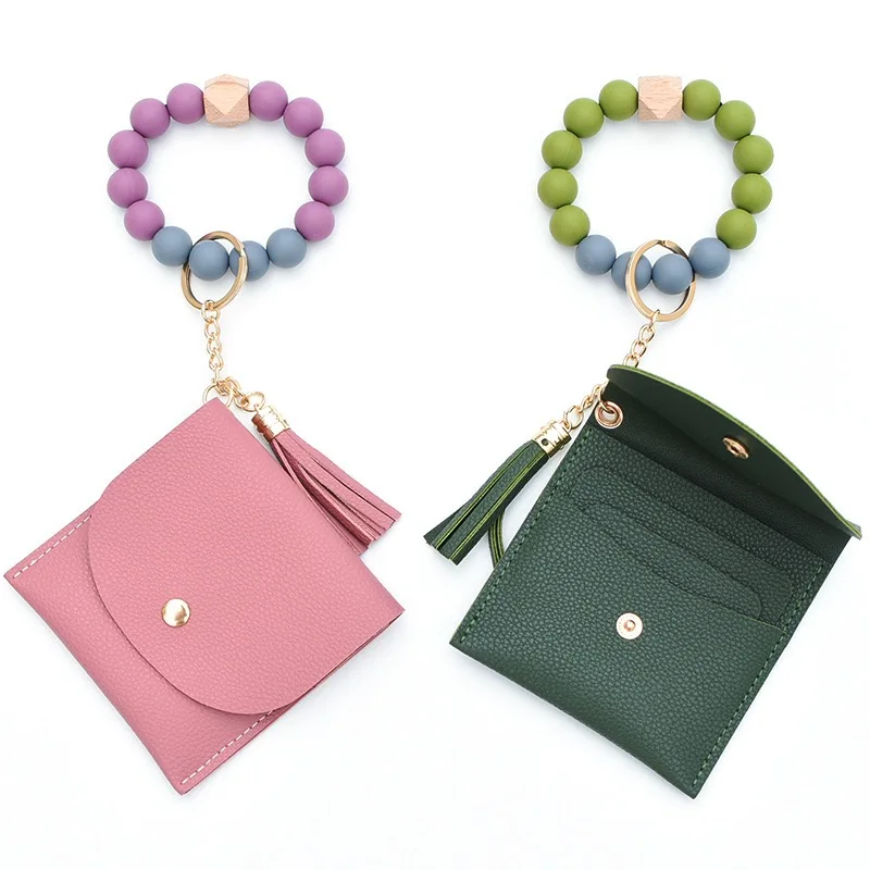 Tassel Key Ring Bangle Purse Designer Leather Card Holder Silicone Beaded Wristlet Keychain Wallet