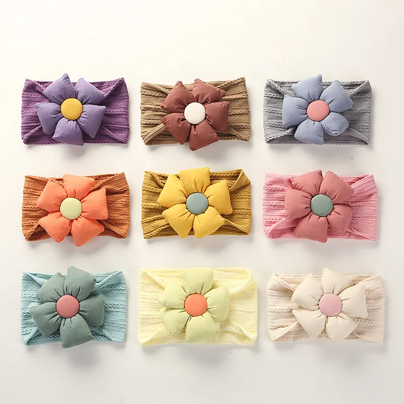 Small Order Baby Wide Twist Braided Cable Jacquard Headband With Big Stuffed Flower Girl Pom Pom Bow Newborn Headband