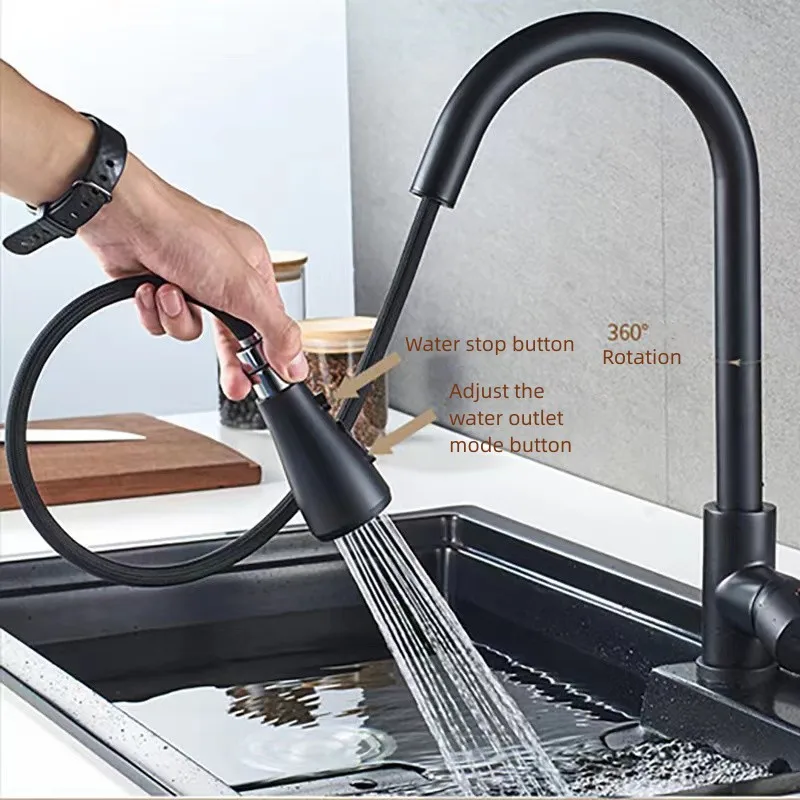 Stainless Steel Modern Design Single Lever Pull Out 3-Way Deck Mounted Kitchen Faucet Brushed Black Kitchen Tap With Cover Plate