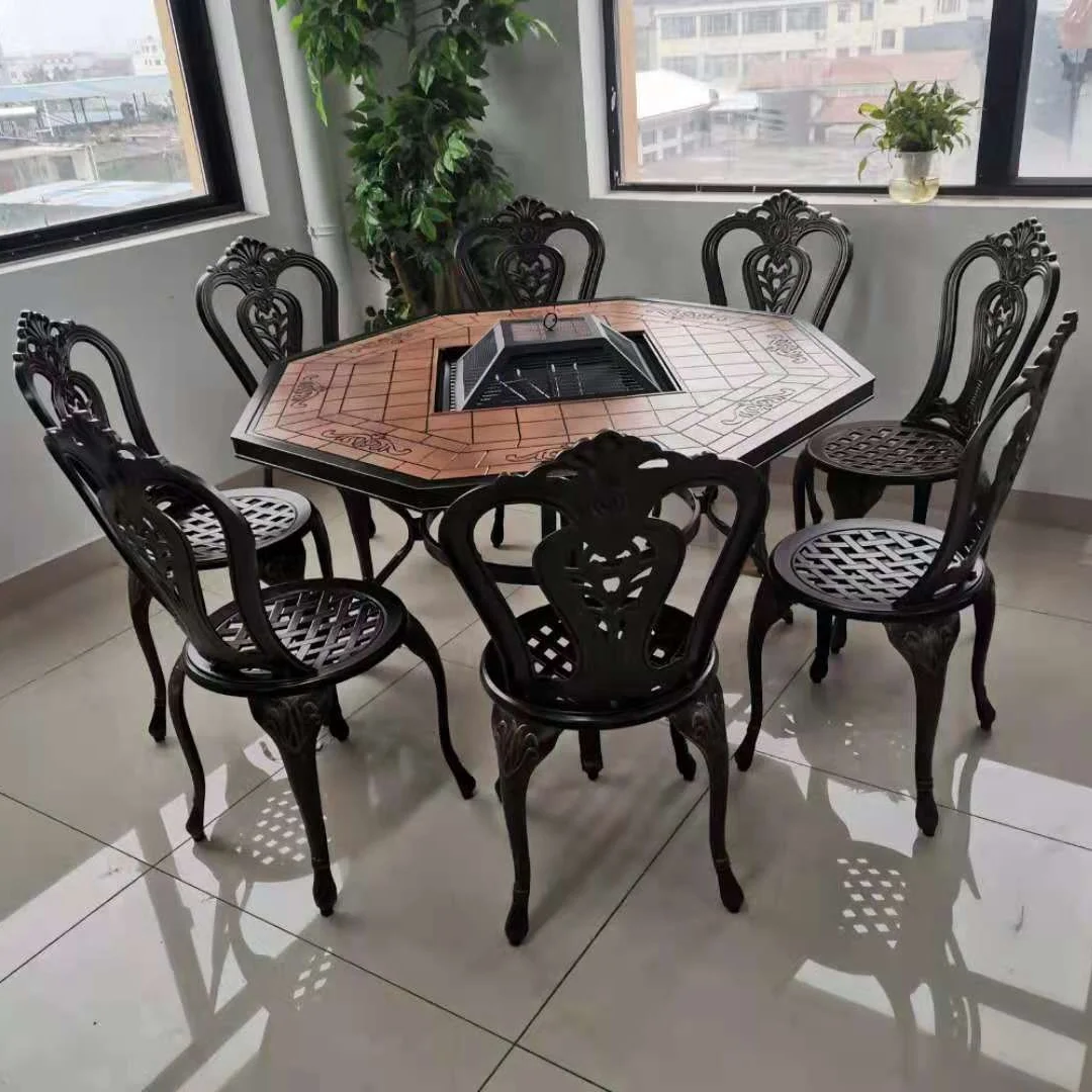 2021 New design Garden Garden balcony villa Hotel hotel sales outdoor metal cast aluminum barbecue hot pot tables and chairs