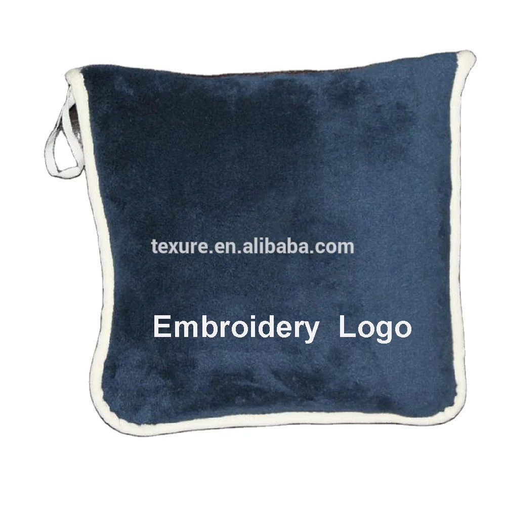 Embroidered Microfiber Fabric Travel Pillow Blanket with Zipper Bag