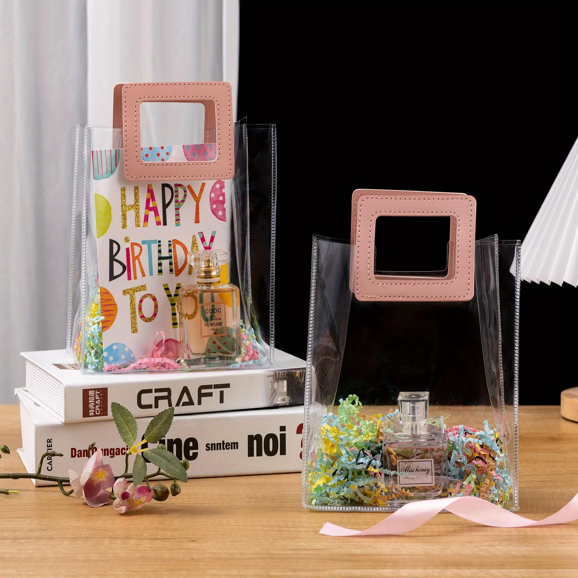 Custom Print Logo Transparent Waterproof PVC Shopping Bags Clear Gift Bags with Pink Leather Handles for Favors