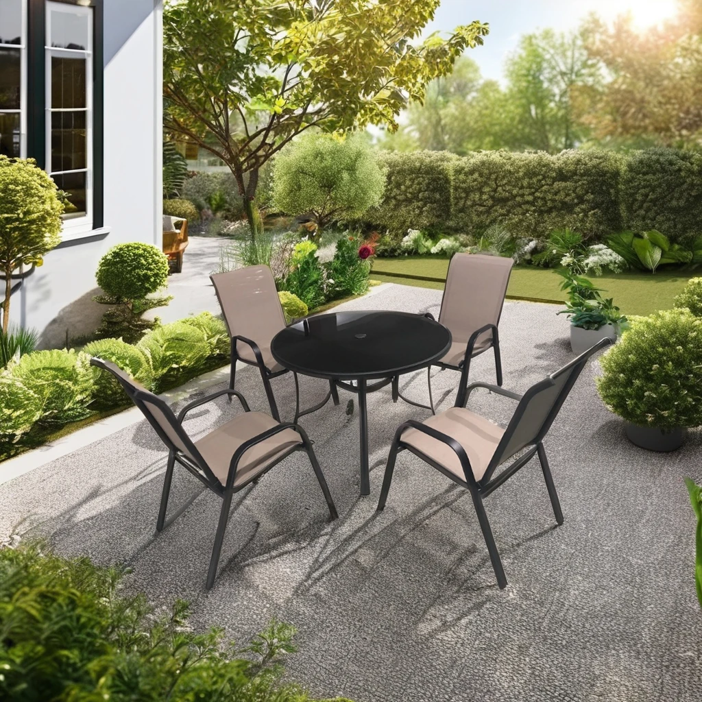 Modern 5-Pieces Outdoor Garden Patio Dining Set Stackable Metal Sling Armchair Glass Table Restaurant Furniture Powder Coated