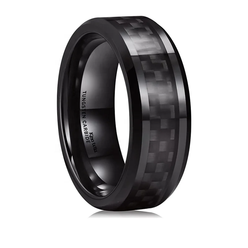 Coolstyle Men Jewelry 8mm Engagement Wedding Band Inlay Beveled Edges Comfort Fit Tungsten Carbide Ring Carbon Fiber Black Ring