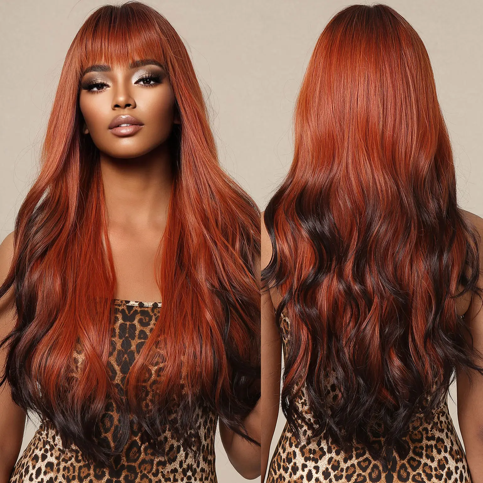 Synthetic Long Wavy Red Brown Highlight Black Wigs with Bangs Halloween Cosplay Hair for Party Ombre Wig