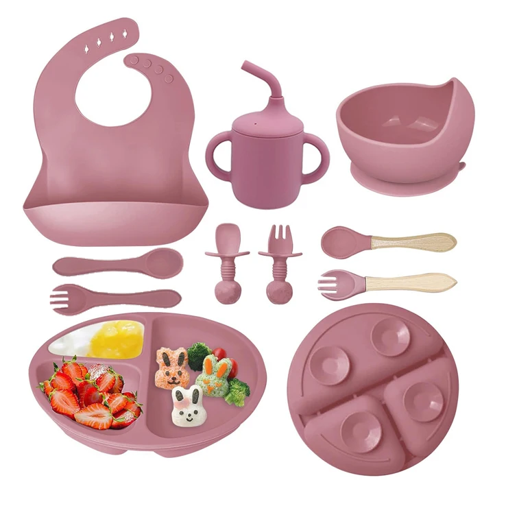BPA Free Silicone Toddler Kids Tableware Suction Plate Bowl Bib Fork Spoon Cup Baby Feeding Tableware Dinner Set