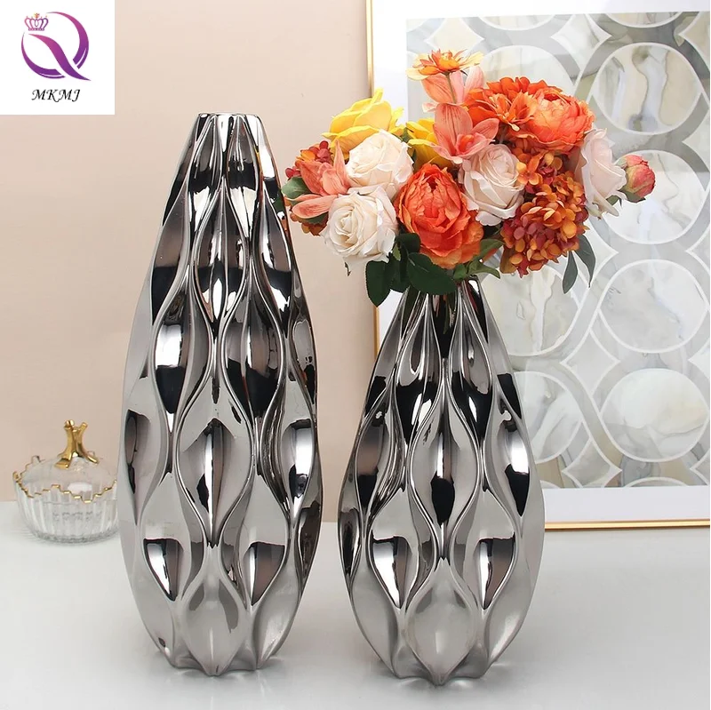 Tall Nordic Origami Ceramic Vase Gold Silver Home Table Top Decorative Crafts Vase For Living Room