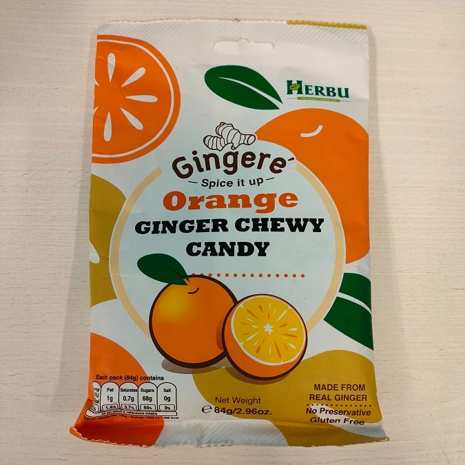 Manufacturer High Quality Gingere Orange Ginger Chewy Candy 84g Soft Sugary Candy with Indonesia Factory Price