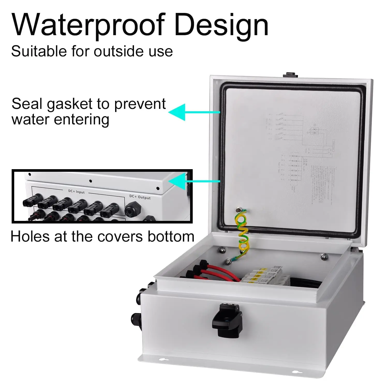 Metal 6 String Solar Combiner Box DC Solar Panel PV Junction 63A Circuit Breaker,IP65 Waterproof Fuse Lightning Indicator Lock