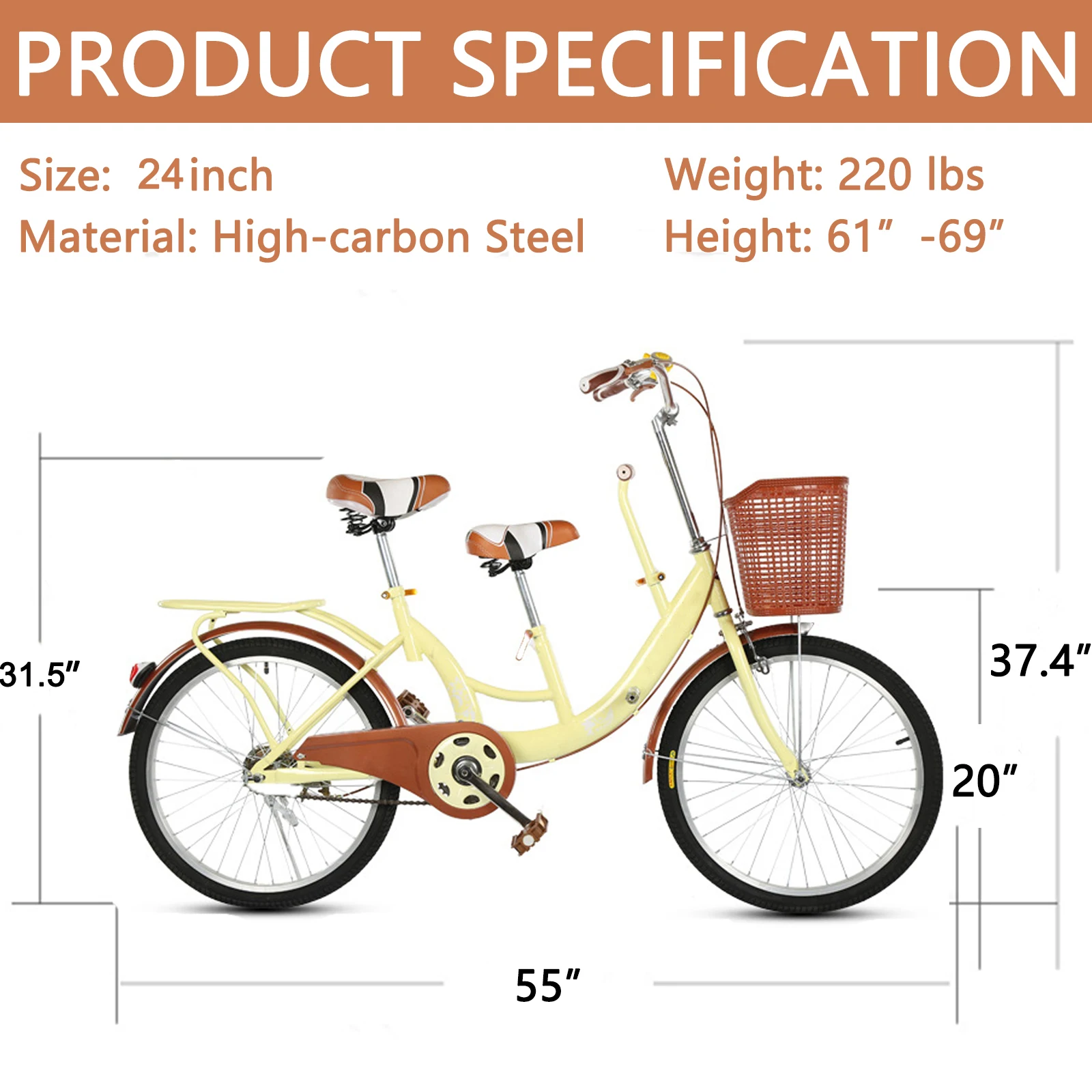 24 inch Adult Beach Cruiser Bike with Child Bike Seat & Armrest, Toddler Carrier Tandem Bike for Family Causal Riding