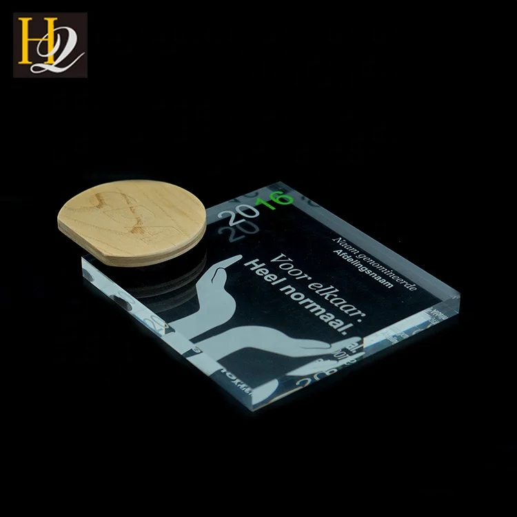 Wholesale high quality Wooden Logo Clear Solid Acrylic Cube Block Trophy Manufacturer Custom Trophy