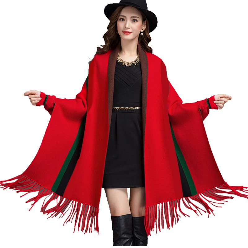 Newest Design Striped Autumn Winter Women cloak Knitted Wool Sweater Shawl  Pullover tassel Adult Sweater With Sleeves