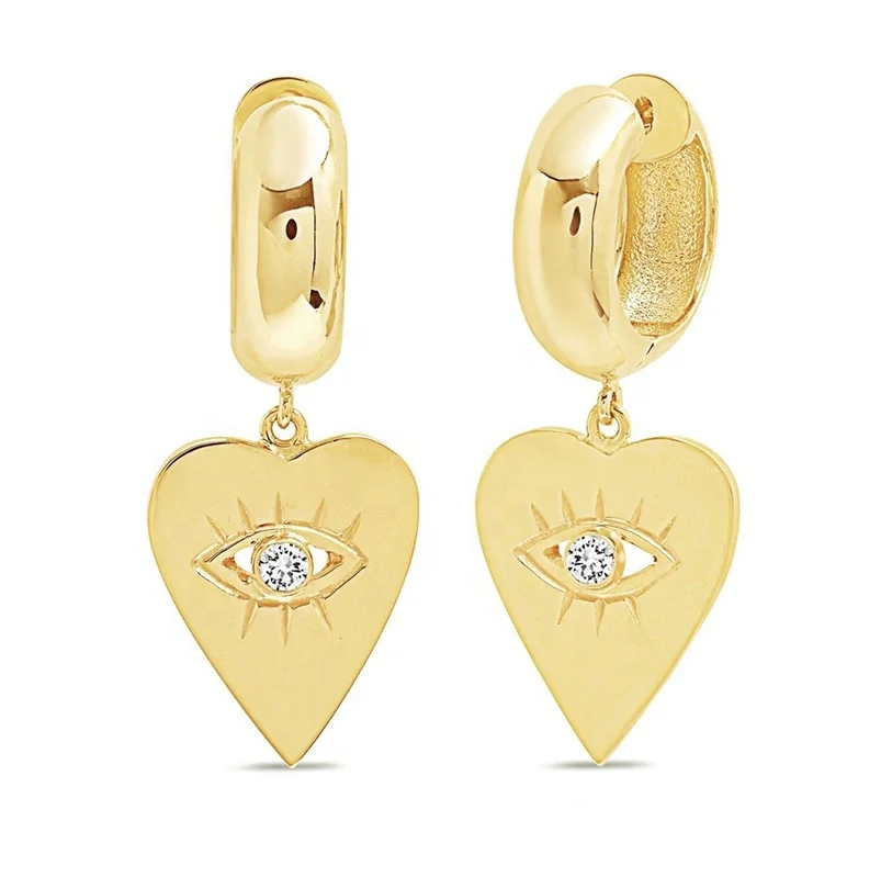 Gemnel bohemia 925 silver 14k gold diamond heart evil eye charm huggie earrings set women