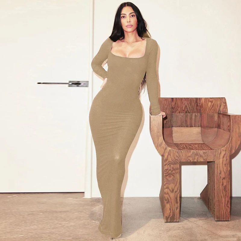 Black Square Neck Dress Bodycon Dress Women Long Sleeve Pencil Dresses For Women