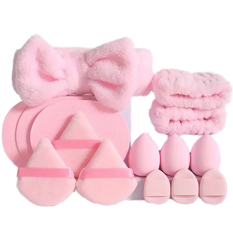 Triangle Powder Puff with Face Wash Headband and Wristband Set & Makeup Sponge Egg Blender Spa Headband Wrist Set