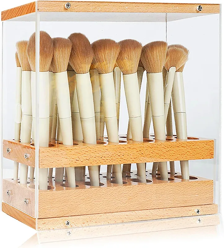Wood Makeup Brush Holder Organizer Beauty Cosmetic Brush Display Stand with Transparent Acrylic Drawer